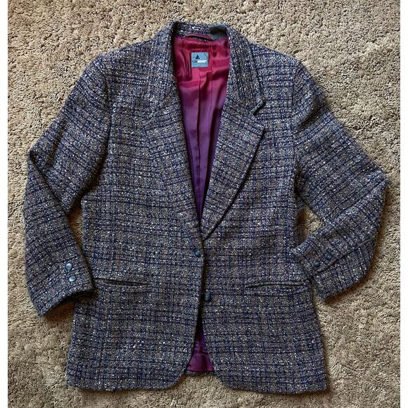 90s Liz Wear 12 Petite Wool Tweed Plaid Blazer Sport Coat Jacket Gray Navy Brown - Picture 9 of 14